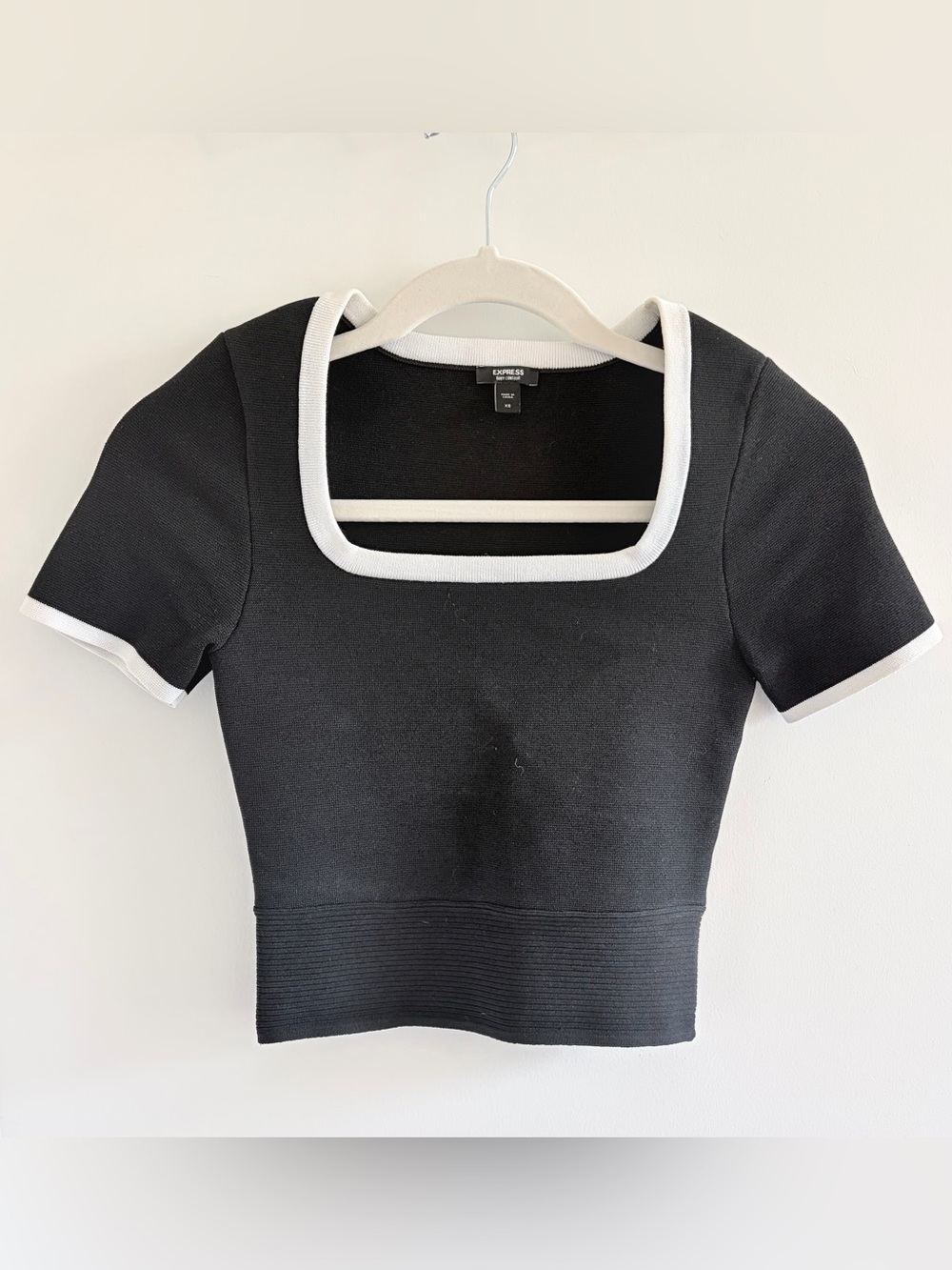 Express Black Cropped Square-Neck Top with White Trim